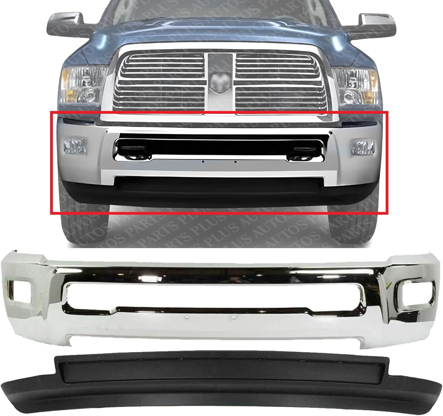 Front Bumper Chrome Steel + Lower Valance Air Deflector Textured Direct Replacement Compatible With 2010-2012 Dodge Ram 2500/2010-2013 3500...