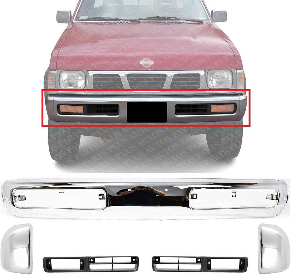 Front Bumper + End Caps Chrome Steel + Fog Lamp Moldings Bezel Primed Right Passenger & Left Driver Side Direct Replacement Compatible With 1993-1996 Nissan Pickup NI1002101 NI1005134