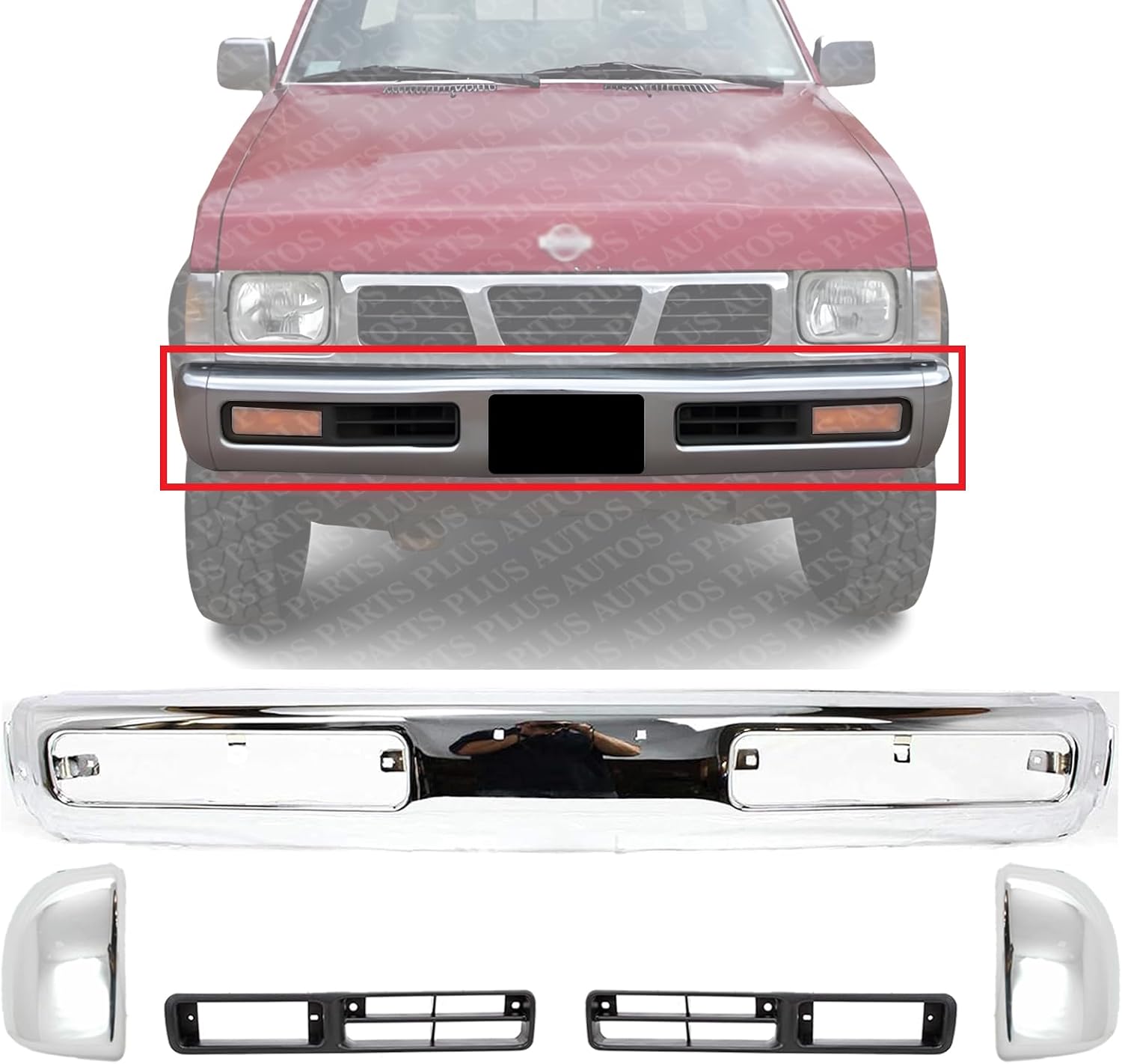 Front Bumper + End Caps Chrome Steel + Fog Lamp Moldings Bezel Primed Right Passenger & Left Driver Side Direct Replacement Compatible With 1993-1996 Nissan Pickup NI1002101 NI1005134
