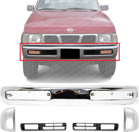 Front Bumper + End Caps Chrome Steel + Fog Lamp Moldings Bezel Primed Right Passenger & Left Driver Side Direct Replacement Compatible With 1993-1996 Nissan Pickup NI1002101 NI1005134