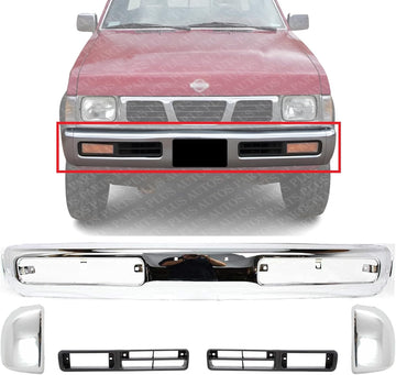 Front Bumper + End Caps Chrome Steel + Fog Lamp Moldings Bezel Primed Right Passenger & Left Driver Side Direct Replacement Compatible With 1993-1996 Nissan Pickup NI1002101 NI1005134