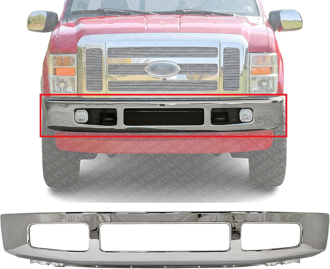 Front Bumper Face Bar Chrome Steel With Molding Pad Holes Direct Replacement Compatible With 2008-2010 Ford F-250/350 Super Duty FO1002406 8C3Z17757B