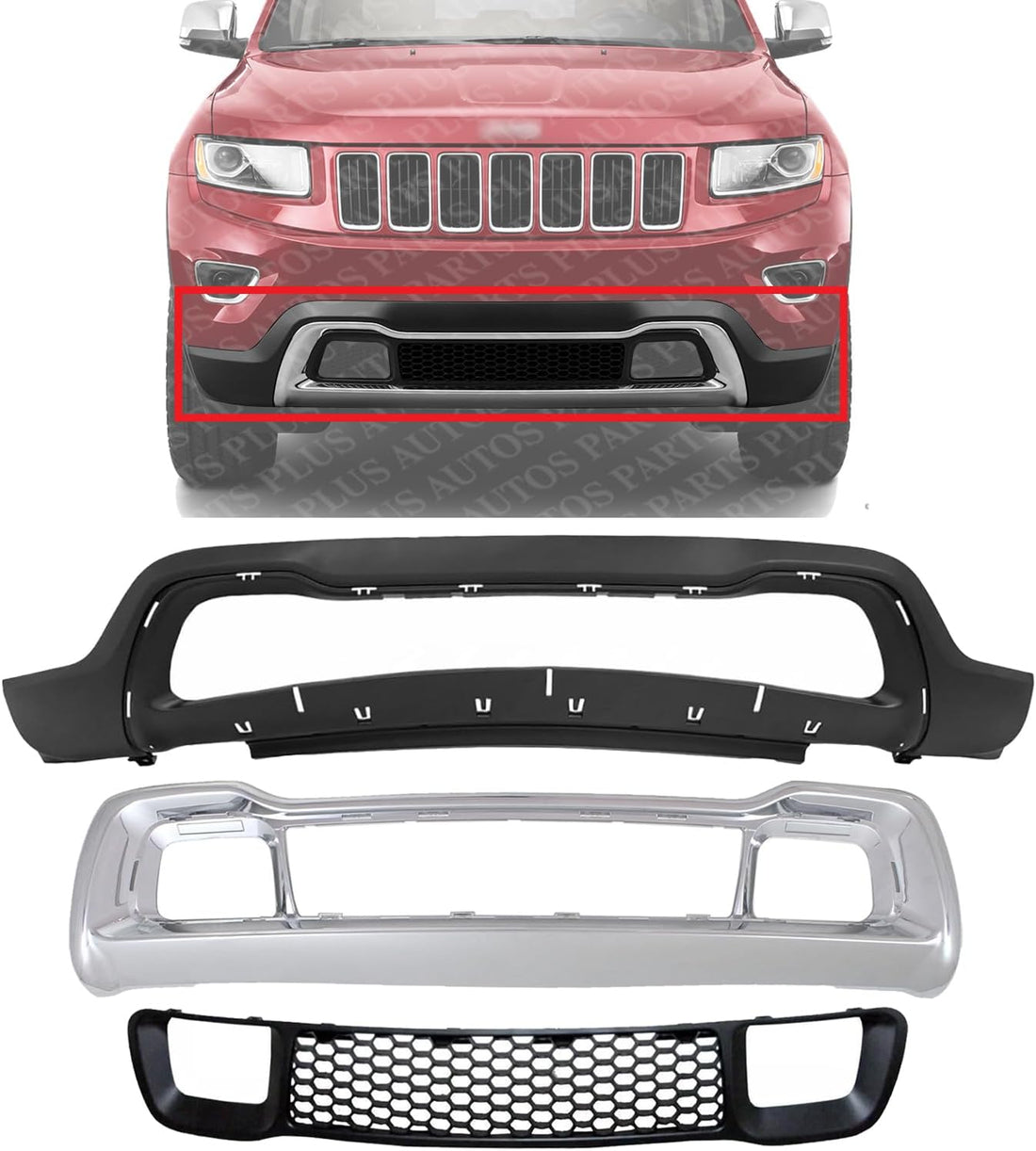 Front Bumper Lower Cover + Grille & Frame Direct Replacement Compatible With 2014-2016 Jeep Grand Cherokee CH1015114 CH1036128 CH1037107 68143076AD 68141936AD 68143105AC
