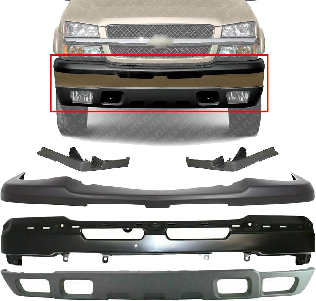 Front Bumper Primed + Upper Cover + Lower Valance Textured + Filler Left Driver & Right Passenger Side Direct Replacement Compatible With 2003-2006 Chevrolet Silverado 1500 GM1051110