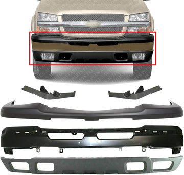 Front Bumper Primed + Upper Cover + Lower Valance Textured + Filler Left Driver & Right Passenger Side Direct Replacement Compatible With 2003-2006 Chevrolet Silverado 1500 GM1051110