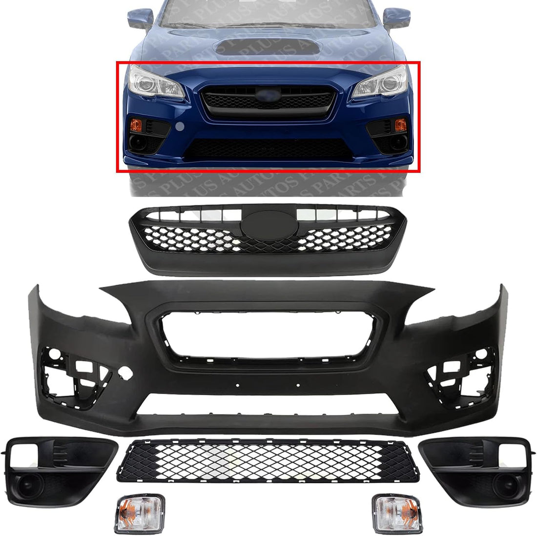 Front Bumper Cover Primed Plastic + Upper & Lower Grille + Fog Lights Cover + Signal Lamp Left Driver & Right Passenger Side Direct Replacement Compatible With 2015-2017 Subaru WRX