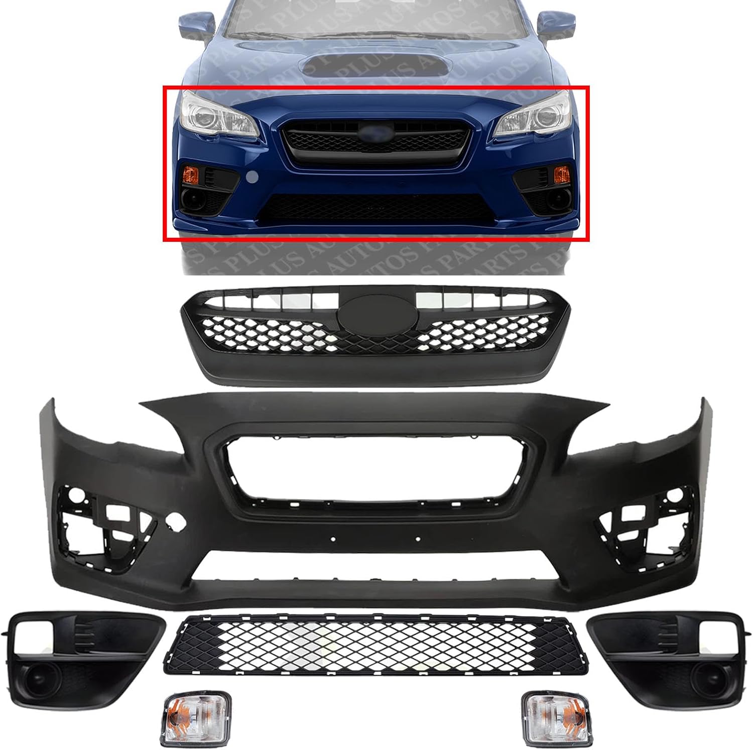 Front Bumper Cover Primed Plastic + Upper & Lower Grille + Fog Lights Cover + Signal Lamp Left Driver & Right Passenger Side Direct Replacement Compatible With 2015-2017 Subaru WRX