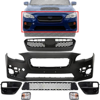 Front Bumper Cover Primed Plastic + Upper & Lower Grille + Fog Lights Cover + Signal Lamp Left Driver & Right Passenger Side Direct Replacement Compatible With 2015-2017 Subaru WRX