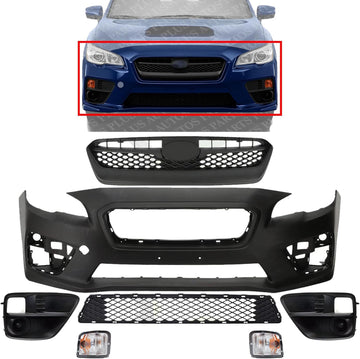 Front Bumper Cover Primed Plastic + Upper & Lower Grille + Fog Lights Cover + Signal Lamp Left Driver & Right Passenger Side Direct Replacement Compatible With 2015-2017 Subaru WRX