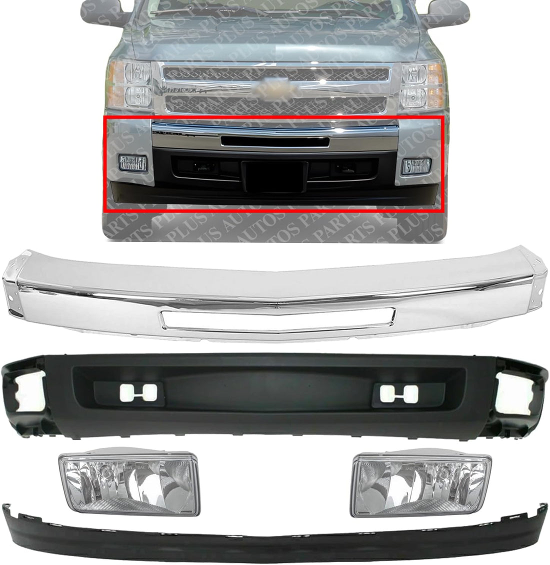 Front Bumper Chrome + Lower Valance Air Deflector + Extension Textured + Fog Lights Right & Left Side Direct Replacement Compatible With Chevrolet Silverado 1500 2007-2013