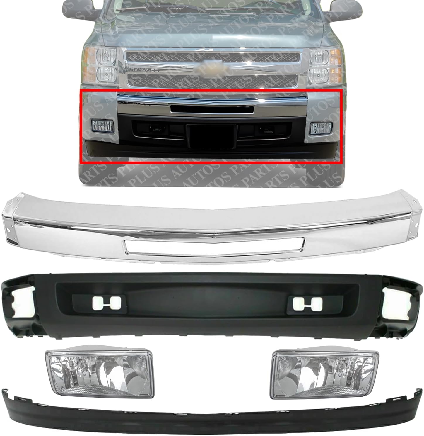 Front Bumper Chrome + Lower Valance Air Deflector + Extension Textured + Fog Lights Right & Left Side Direct Replacement Compatible With Chevrolet Silverado 1500 2007-2013