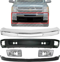 Front Bumper Chrome + Lower Valance Air Deflector + Extension Textured + Fog Lights Right & Left Side Direct Replacement Compatible With Chevrolet Silverado 1500 2007-2013
