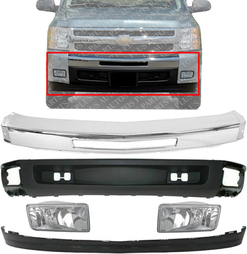 Front Bumper Chrome + Lower Valance Air Deflector + Extension Textured + Fog Lights Right & Left Side Direct Replacement Compatible With Chevrolet Silverado 1500 2007-2013