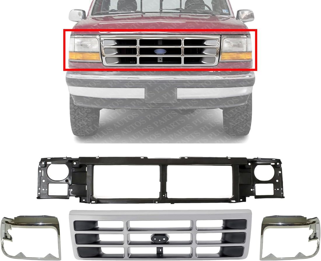 Front Grille + Header Panel + Head Light Door Bezels Left Driver & Right Passenger Side Direct Replacement Compatible With 1992-1997 Ford F-Series FO1220113 FO1200173 FO2513131