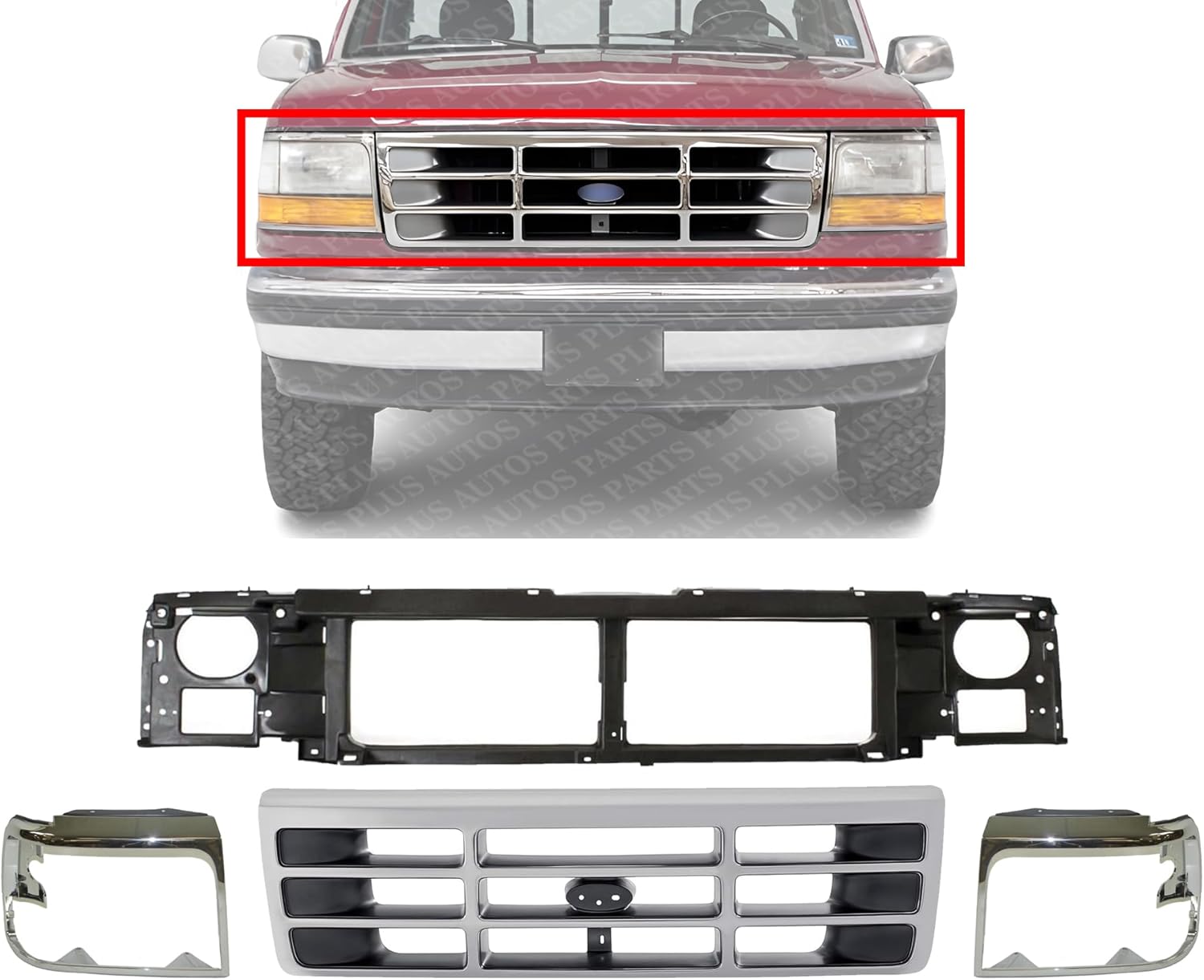 Front Grille + Header Panel + Head Light Door Bezels Left Driver & Right Passenger Side Direct Replacement Compatible With 1992-1997 Ford F-Series FO1220113 FO1200173 FO2513131