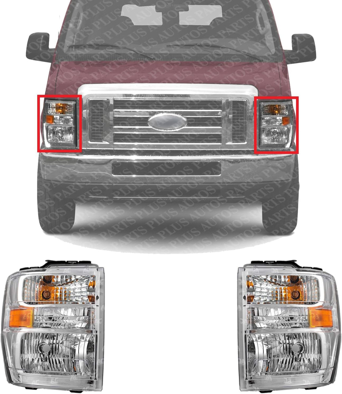 Set Of 2 Front Head Light Assembly Halogen Right Passenger & Left Driver Side Direct Replacement Compatible With 2008-2021 Ford E-Series Van FO2502249 FO2503249 AC2Z13008C AC2Z13008D