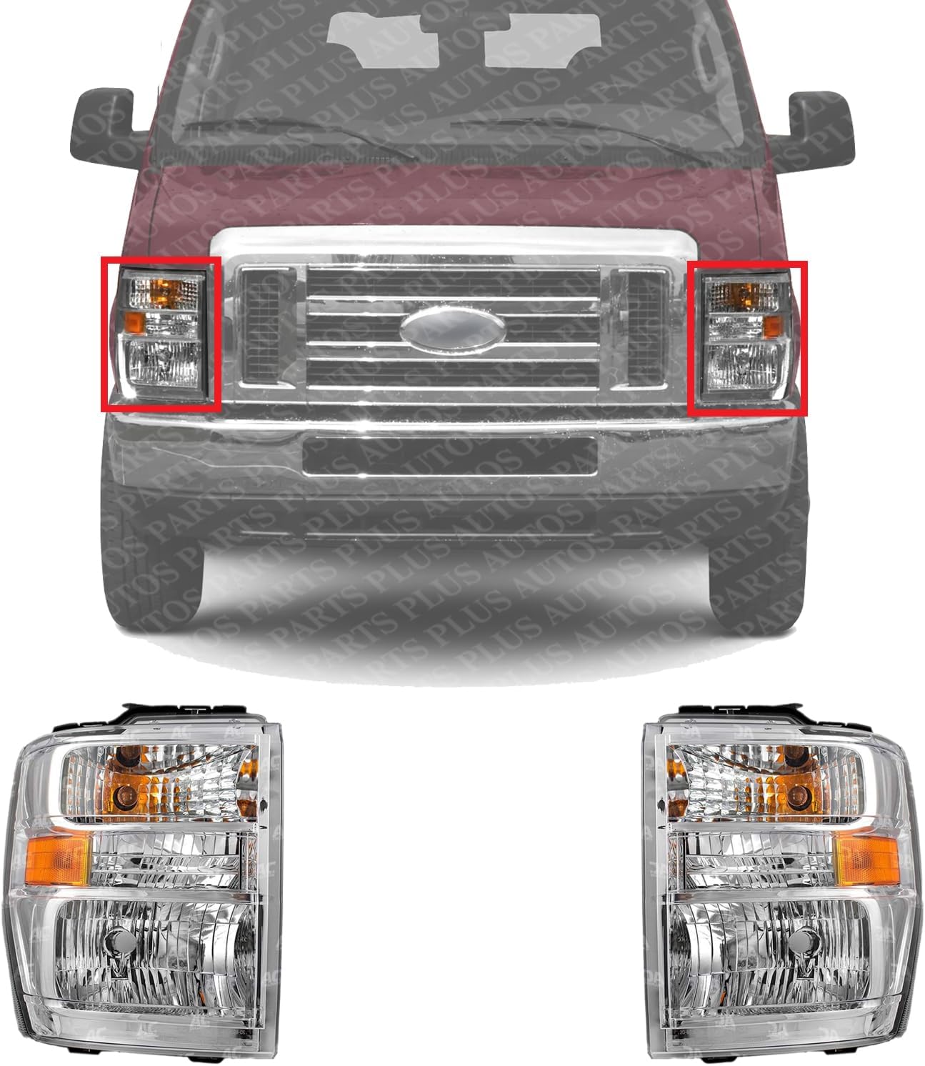 Set Of 2 Front Head Light Assembly Halogen Right Passenger & Left Driver Side Direct Replacement Compatible With 2008-2021 Ford E-Series Van FO2502249 FO2503249 AC2Z13008C AC2Z13008D