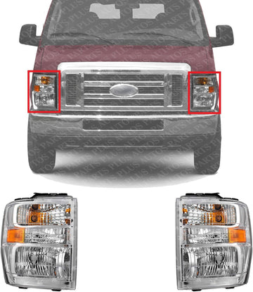 Set Of 2 Front Head Light Assembly Halogen Right Passenger & Left Driver Side Direct Replacement Compatible With 2008-2021 Ford E-Series Van FO2502249 FO2503249 AC2Z13008C AC2Z13008D
