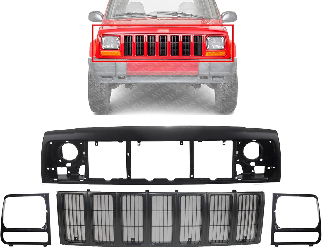 Front Header Panel Thermoplastic + Grille + Headlight Door Bezel Direct Replacement Compatible With 1997-2001 Jeep Cherokee CH1220115 CH1200208 CH2513157 CH2512157 55055233AF