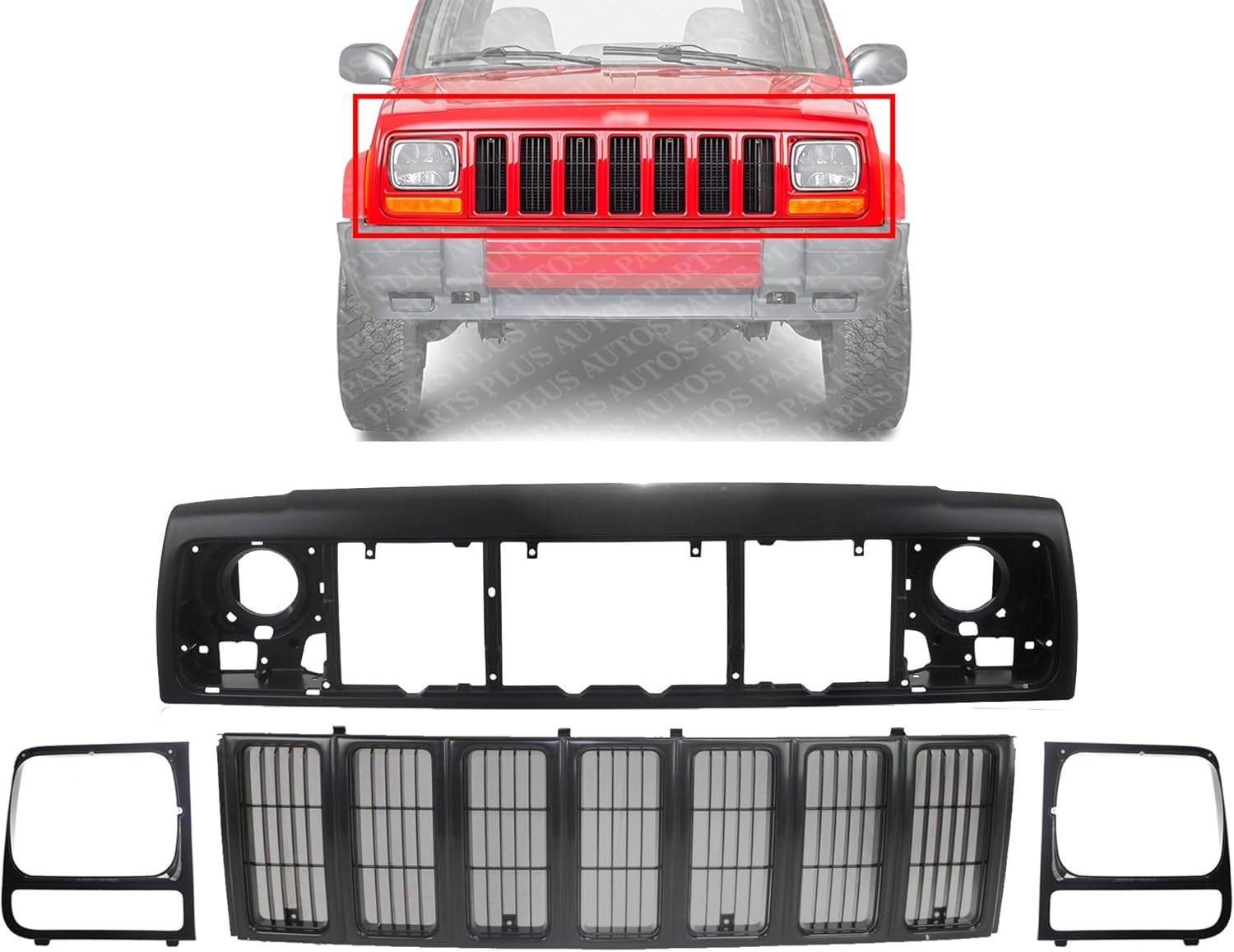 Front Header Panel Thermoplastic + Grille + Headlight Door Bezel Direct Replacement Compatible With 1997-2001 Jeep Cherokee CH1220115 CH1200208 CH2513157 CH2512157 55055233AF