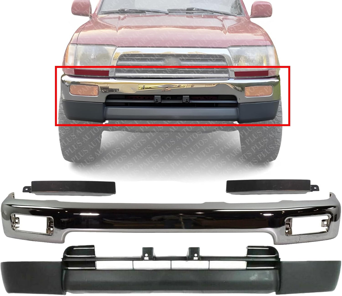 AUTOS PARTS PLUS Front Bumper Face Bar Chrome + Lower Valance Panel Primed + Grille Extension Fillers Steel Right & Left Side Direct Replacement Compatible With 1996-1998 Toyota 4Runner TO1002162