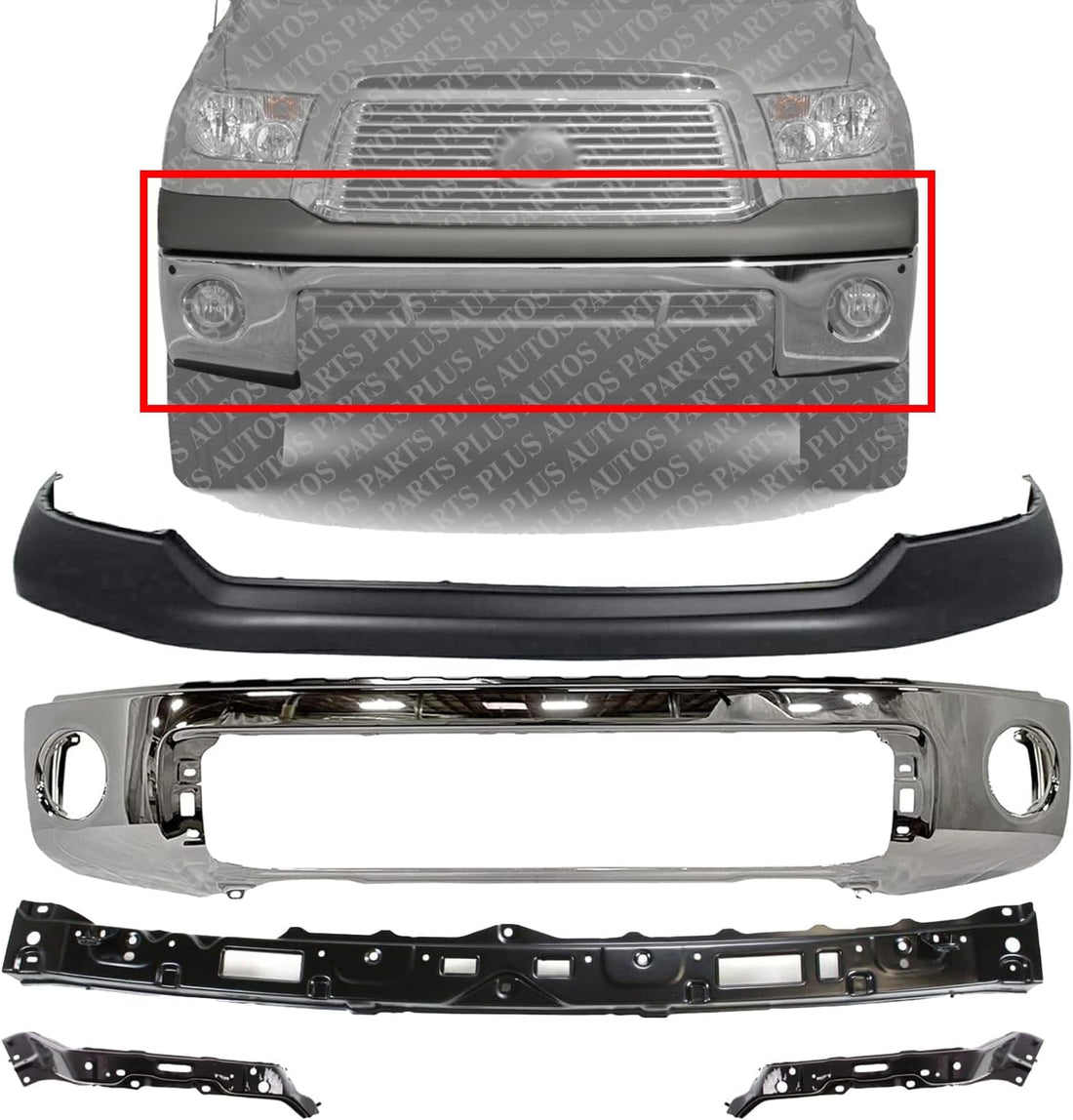 AUTOS PARTS PLUS Front Bumper Chrome Steel + Upper Cover Primed + Retainer Brackets Center + Right Passenger & Left Driver Side Direct Replacement Compatible With 2007-2013 Toyota Tundra TO1010102