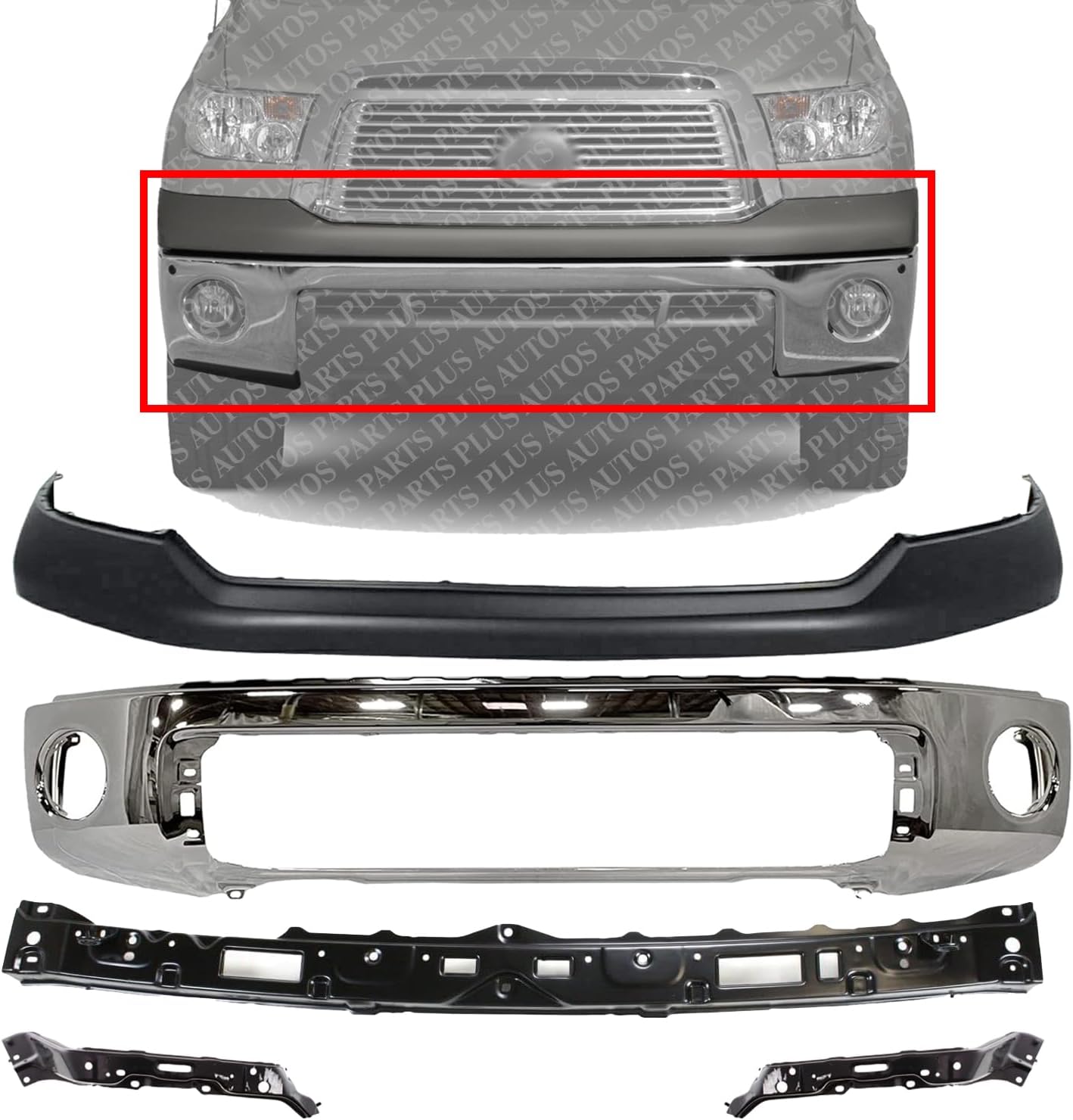 AUTOS PARTS PLUS Front Bumper Chrome Steel + Upper Cover Primed + Retainer Brackets Center + Right Passenger & Left Driver Side Direct Replacement Compatible With 2007-2013 Toyota Tundra TO1010102