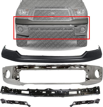 AUTOS PARTS PLUS Front Bumper Chrome Steel + Upper Cover Primed + Retainer Brackets Center + Right Passenger & Left Driver Side Direct Replacement Compatible With 2007-2013 Toyota Tundra TO1010102
