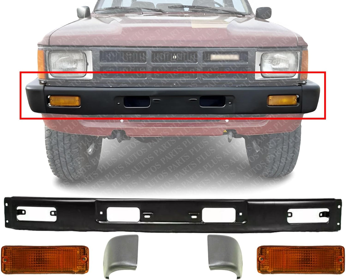 AUTOS PARTS PLUS Front Bumper + End Caps Primed + Signal Lights Assembly Right Passenger & Left Driver Side Direct Replacement Compatible With 1984-1986 Toyota 4Runner / Pickup 4WD TO1004157