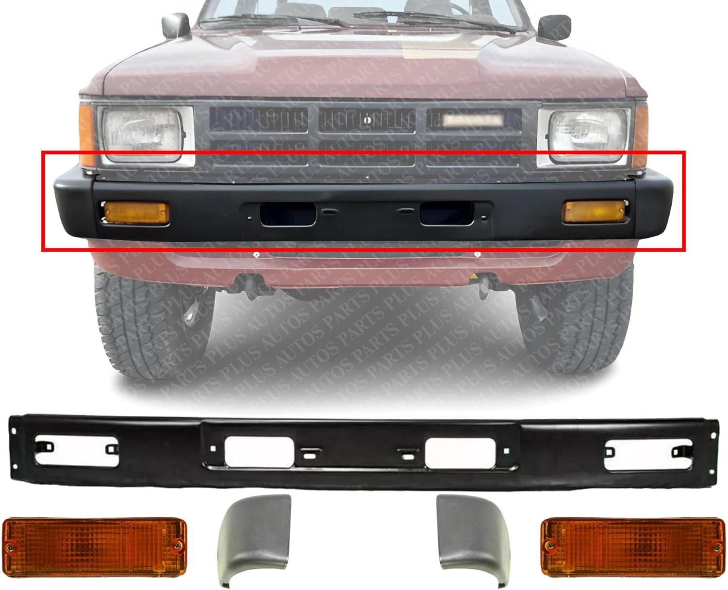 AUTOS PARTS PLUS Front Bumper + End Caps Primed + Signal Lights Assembly Right Passenger & Left Driver Side Direct Replacement Compatible With 1984-1986 Toyota 4Runner / Pickup 4WD TO1004157