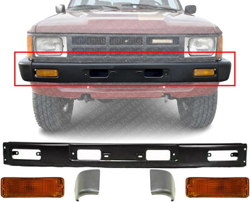 AUTOS PARTS PLUS Front Bumper + End Caps Primed + Signal Lights Assembly Right Passenger & Left Driver Side Direct Replacement Compatible With 1984-1986 Toyota 4Runner / Pickup 4WD TO1004157