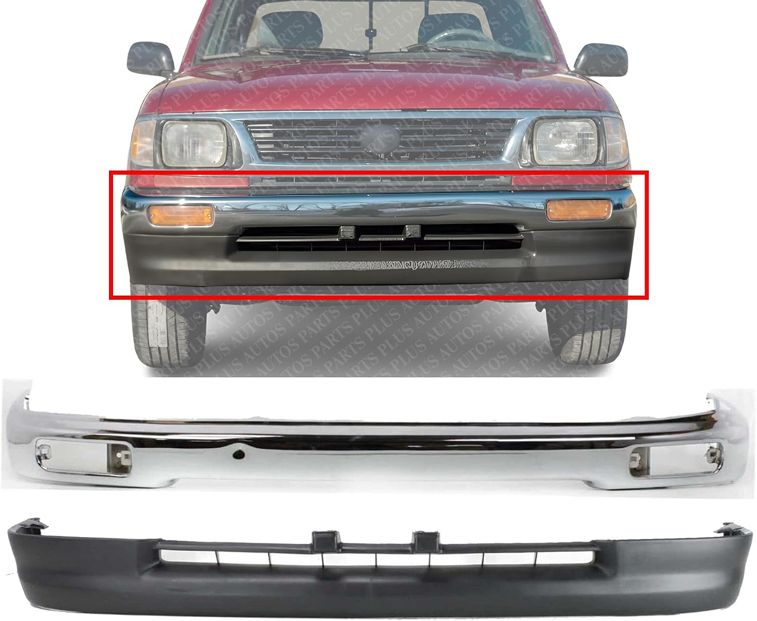 Front Bumper Face Bar Chrome Steel + Lower Valance Panel Textured Direct Replacement Compatible With Toyota Tacoma 1995-1997 TO1002154 TO1095169 5210104060 5391104041