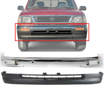 Front Bumper Face Bar Chrome Steel + Lower Valance Panel Textured Direct Replacement Compatible With Toyota Tacoma 1995-1997 TO1002154 TO1095169 5210104060 5391104041