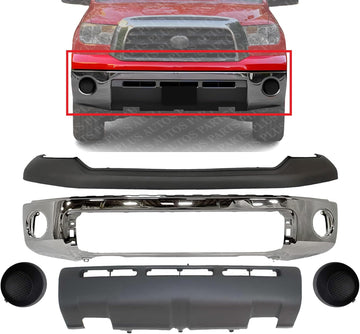 Front Bumper Face Bar Chrome Steel + Upper Cover + Lower Valance Panel + Fog Lamp Covers Left Driver & Right Passenger Side Direct Replacement Compatible With 2007-2009 Toyota Tundra