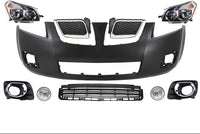 Front Bumper Cover Primed Plastic + Upper & Lower Grille + Headlight + Fog Light + Trim Left Driver & Right Passenger Side Replacement Compatible With 2009-2010 Pontiac Vibe