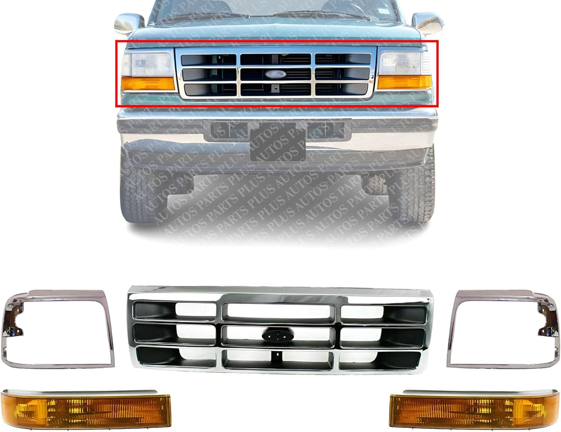 AUTOS PARTS PLUS Front Grille + Headlight Door Bezels Chrome + Signal Lights Left Driver & Right Passenger Side Direct Replacement Compatible With 1992-1997 Ford F-Series FO1200173 FO2521114