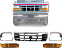 AUTOS PARTS PLUS Front Grille + Headlight Door Bezels Chrome + Signal Lights Left Driver & Right Passenger Side Direct Replacement Compatible With 1992-1997 Ford F-Series FO1200173 FO2521114