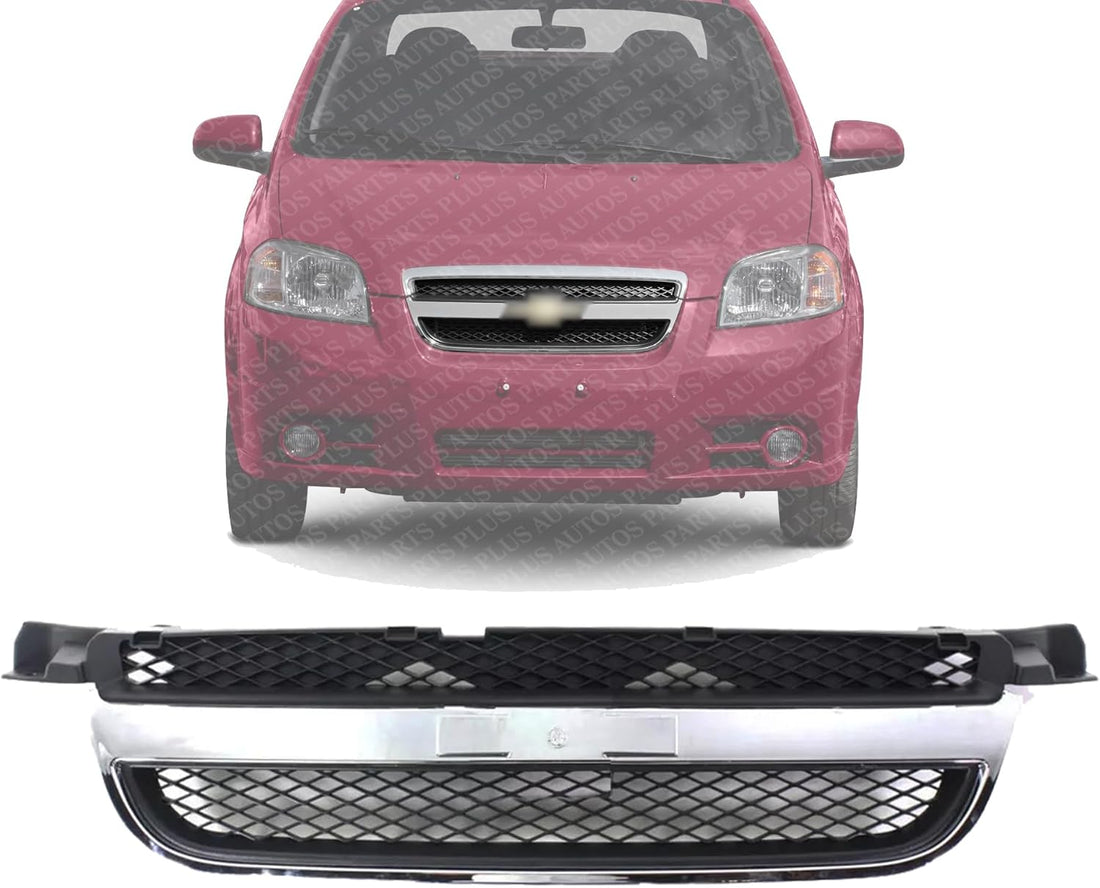 Front Grille With Chrome Center Bar Textured Black Shell And Insert Direct Replacement Compatible With 2007-2011 Chevrolet Aveo GM1200577 96648529
