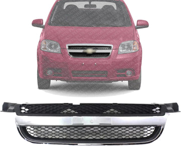 Front Grille With Chrome Center Bar Textured Black Shell And Insert Direct Replacement Compatible With 2007-2011 Chevrolet Aveo GM1200577 96648529