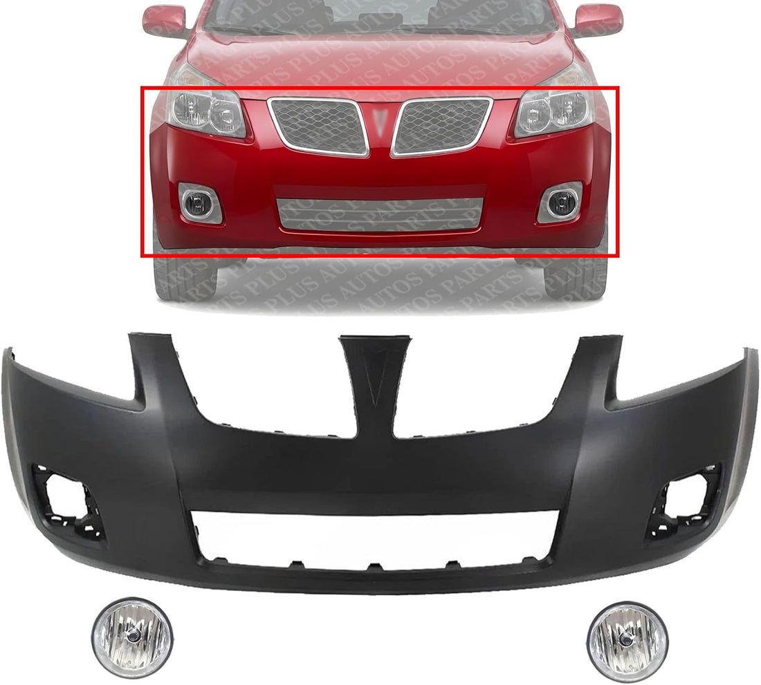 Front Bumper Cover Primed Plastic + Fog Lights Left Driver & Right Passenger Side Direct Replacement Compatible With 2009-2010 Pontiac Vibe