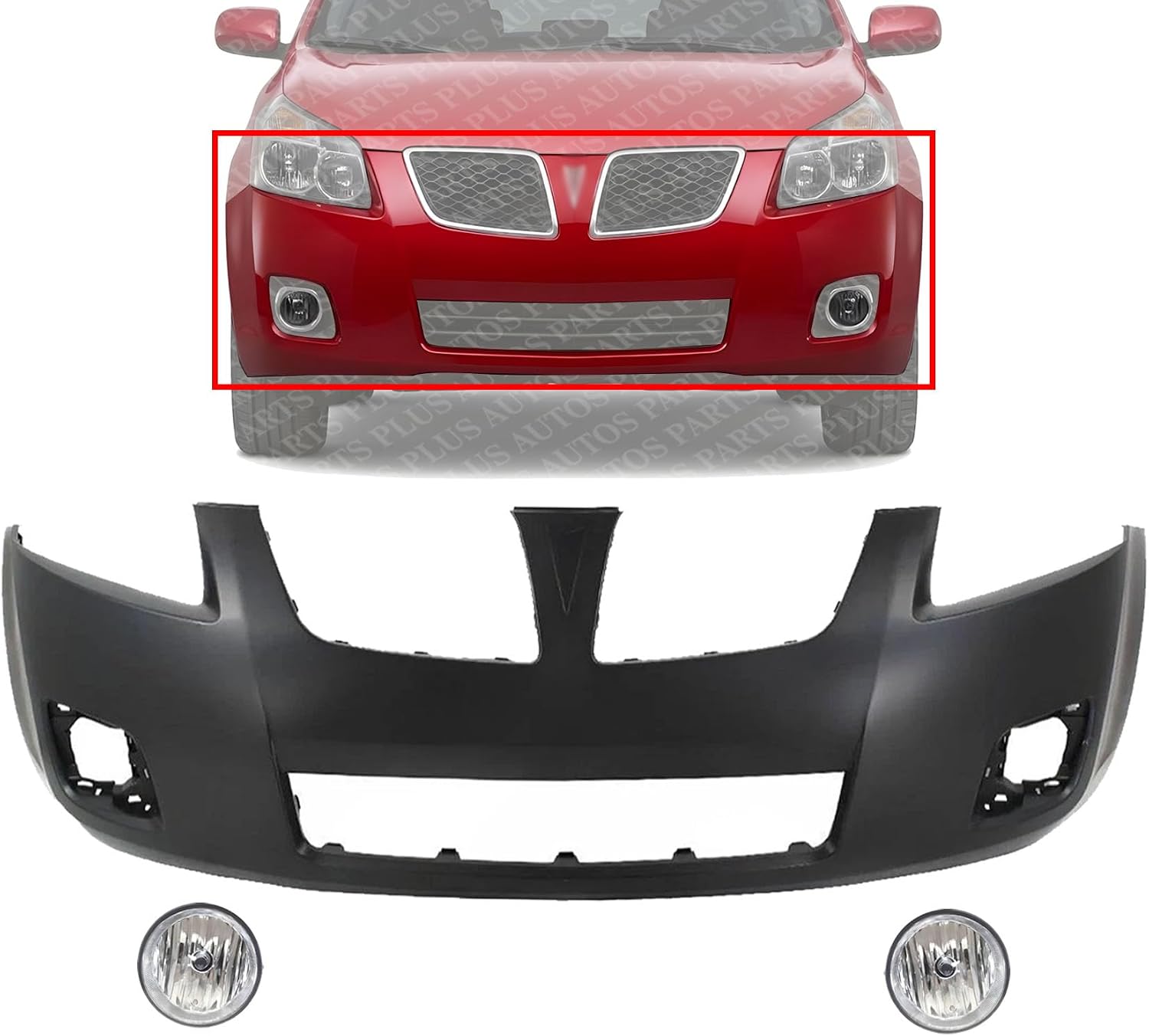 Front Bumper Cover Primed Plastic + Fog Lights Left Driver & Right Passenger Side Direct Replacement Compatible With 2009-2010 Pontiac Vibe
