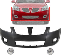 Front Bumper Cover Primed Plastic + Fog Lights Left Driver & Right Passenger Side Direct Replacement Compatible With 2009-2010 Pontiac Vibe