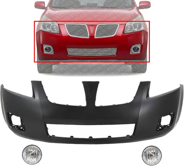 Front Bumper Cover Primed Plastic + Fog Lights Left Driver & Right Passenger Side Direct Replacement Compatible With 2009-2010 Pontiac Vibe