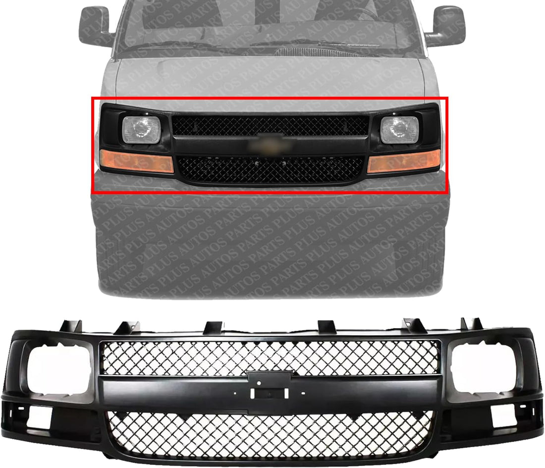 Front Grille Black Shell & Insert Direct Replacement Compatible With 2003-2017 Chevrolet Express/GMC Savana Van 1500 2500 3500 GM1200538 22816424