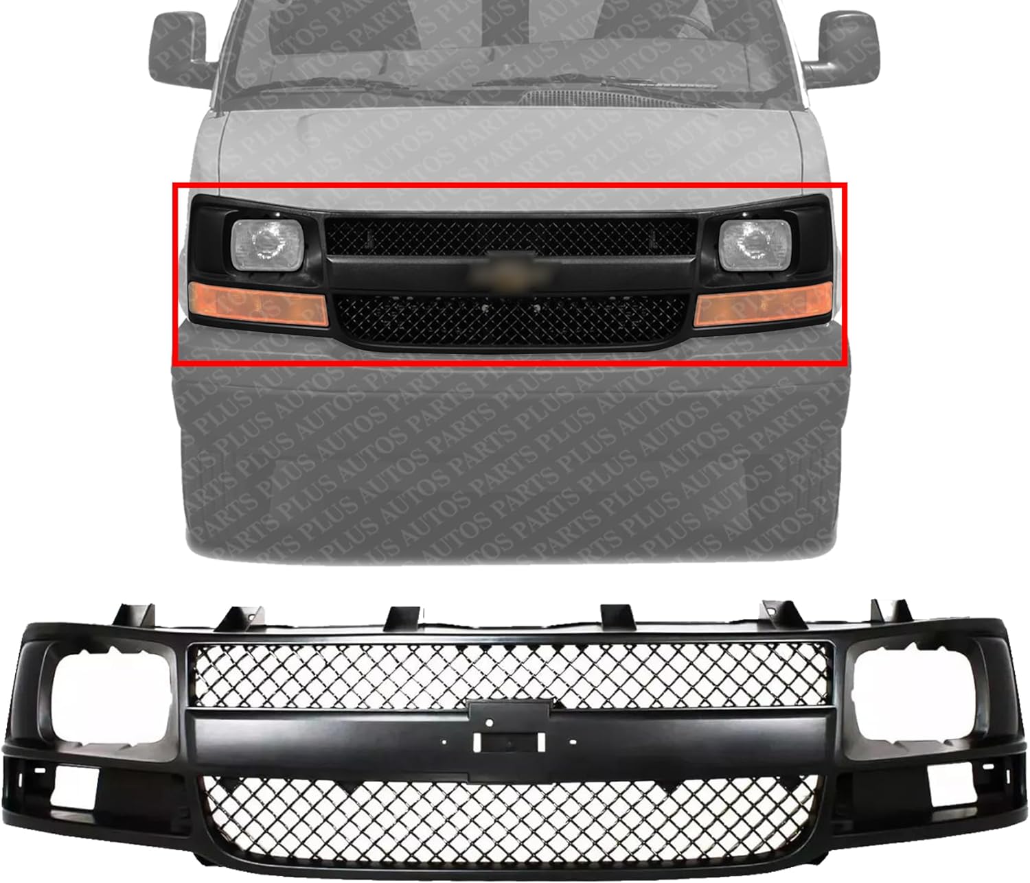 Front Grille Black Shell & Insert Direct Replacement Compatible With 2003-2017 Chevrolet Express/GMC Savana Van 1500 2500 3500 GM1200538 22816424