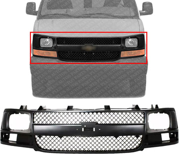 Front Grille Black Shell & Insert Direct Replacement Compatible With 2003-2017 Chevrolet Express/GMC Savana Van 1500 2500 3500 GM1200538 22816424