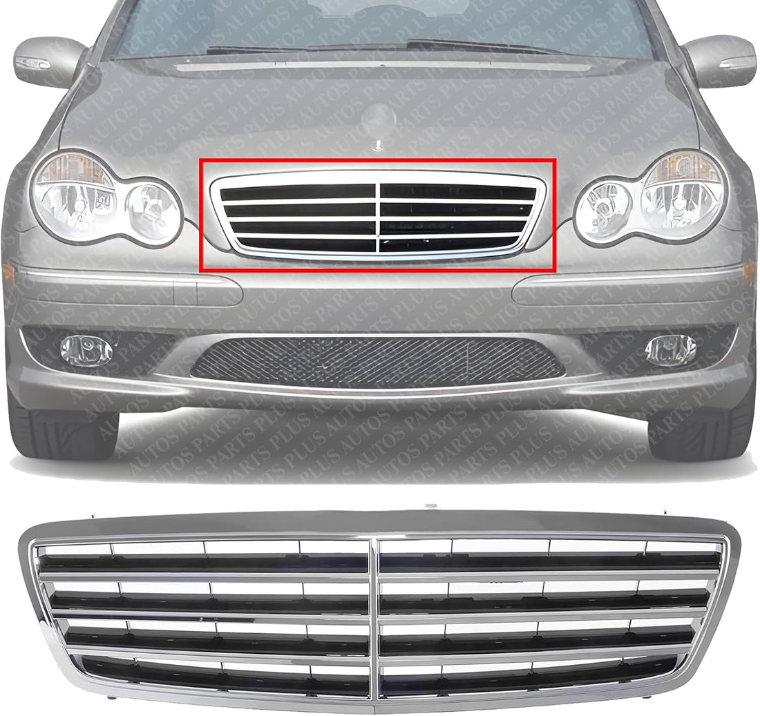 Front Grille Assembly Chrome Shell And Painted Black Insert Plastic Direct Replacement Compatible With 2001-2007 Mercedes Benz C-Class MB1200143 20388002239040