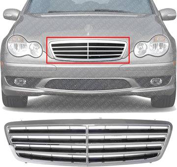 Front Grille Assembly Chrome Shell And Painted Black Insert Plastic Direct Replacement Compatible With 2001-2007 Mercedes Benz C-Class MB1200143 20388002239040