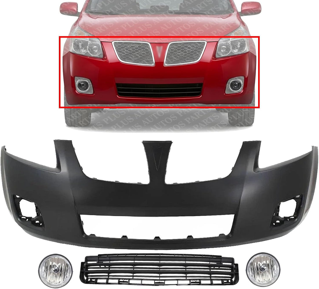 Front Bumper Cover Primed Plastic + Lower Center Grille + Fog Lights Left Driver & Right Passenger Side Replacement Compatible With 2009-2010 Pontiac Vibe