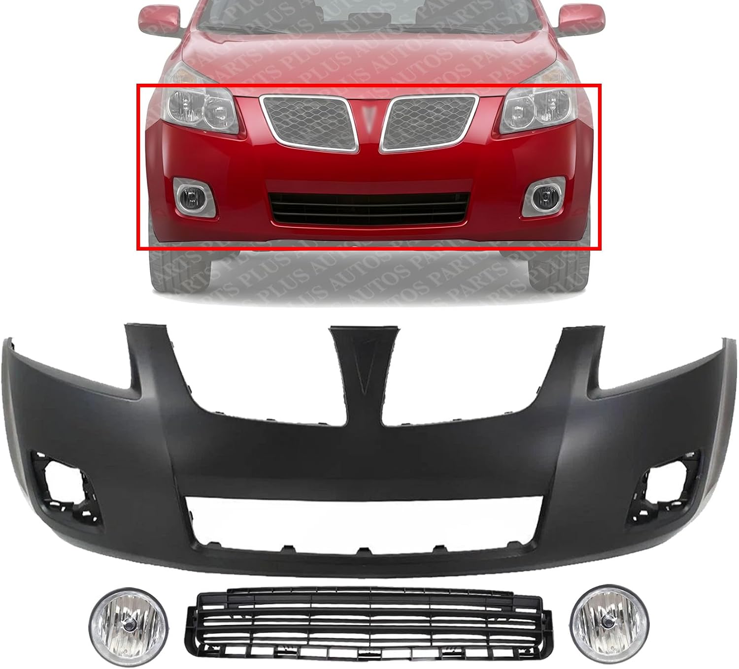 Front Bumper Cover Primed Plastic + Lower Center Grille + Fog Lights Left Driver & Right Passenger Side Replacement Compatible With 2009-2010 Pontiac Vibe
